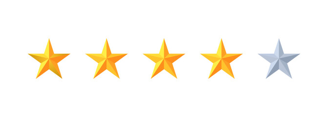 A four star rating for a website or app. 3d illustrations of stars in minimalistic style
