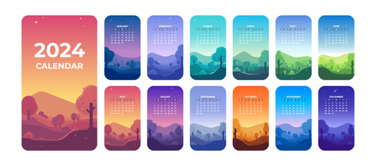 2024 calendar design template with landscape illustrations. Fall, winter, spring and summer illustrations of seasons.