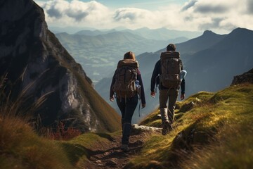 Fototapeta premium Backpackers from the back, journeying through picturesque highlands. Generate Ai