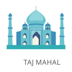 Fototapeta na wymiar Taj mahal domes and towers isolated on white. Colored flat vector icon of sight and attraction. Travelling and tourism concept