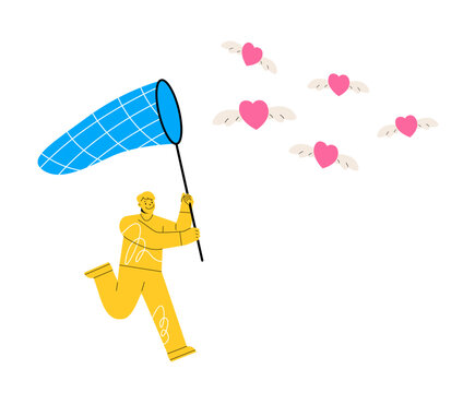 Man using butterfly net to catch flying passionate lovely heart. Searching for passion concept. Colorful vector illustration