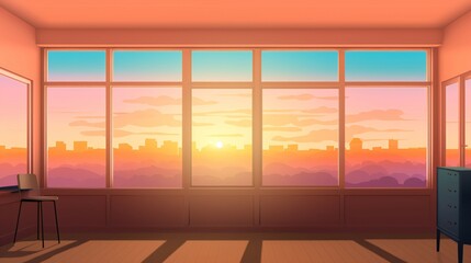 Sunset-Inspired Classroom with Vibrant Colors and Window View.