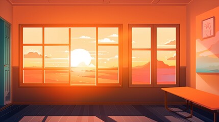 Sunset-Inspired Classroom with Vibrant Colors and Window View.