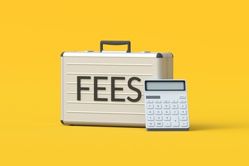 Word fees on suitcase near calculator. Hidden fee. Fixed charges. Payment of the penalty. Legal, illegal commission. Business concept. 3d render