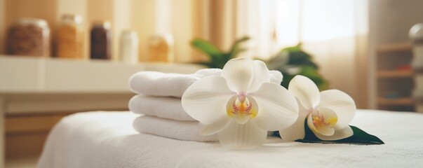 Fototapeta na wymiar Towels, flowers in massage room in modern spa salon.