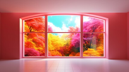  Nature Scene Through Open Window of Colorful Room.
