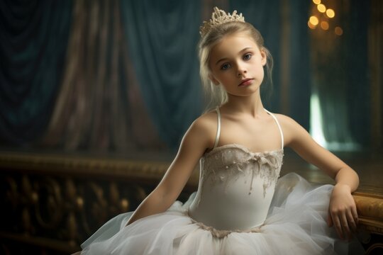 Petite ballerina girl on a stage demonstrating her talent. Generate Ai