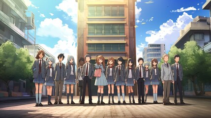 Anime School Friends Group in Uniforms, Asian School Building.