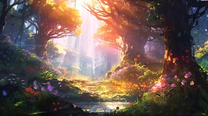 Anime Forest in Soft Sunlight with Vibrant Flowers and Creatures.