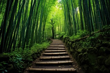 Serpentine bamboo trail in a Japanese woodland. Generate Ai