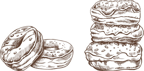A set of hand-drawn sketches of donuts. Vintage illustration. Pastry sweets, dessert. Element for the design of labels, packaging and postcards.