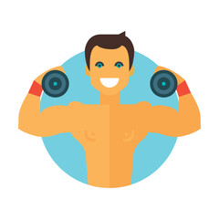 Fototapeta premium Young healthy man holding dumbbells. Man doing physical exercises with weights. Multicolored flat vector icon representing sports items inventory equipment concept isolated on white background