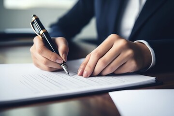 Businesswoman write on a white paper sheet, close up. Singing documents. AI generative