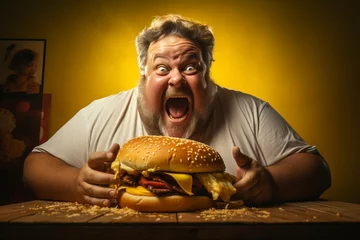 Fotobehang An overweight man indulging in a massive burger, highlighting the issue of obesity and unhealthy eating habits. 'generative AI' © ballabeyla
