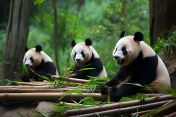 Panda family enjoying bamboo in its natural surroundings. Generative AI