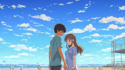 Fototapeta na wymiar Romantic Anime Kiss on the Beach - Teenage College Lovers.