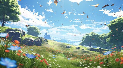  Anime Meadow - Blooming Wildflowers, Butterflies, Birdsong.