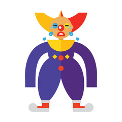 Actor in festive circus costume vector. Crying clown. Multicolored flat vector icon representing celebration concept isolated on white background