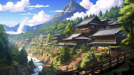 Fototapeta na wymiar Anime Mountain Village - Lush Valleys, Wooden Houses, Cascading Waterfall.