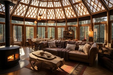 Stunning yurt inside with fireplace, ample sunlight, and furnishings. Generative AI