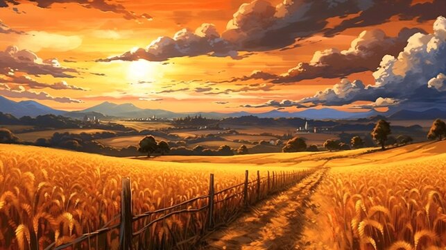 Golden Anime dhan Field - Vast and Serene, Sunset Over the Wheat, Peaceful Rural Scene.