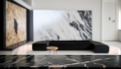 interior, modern living room interior, modern design  pristine black marble table, Blurred Background, sofa, back modern living room, bold