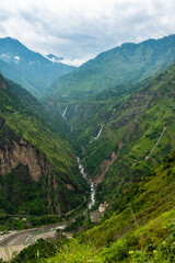 Fototapeta na wymiar Kalpa, Kinnaur District: Deep valleys, mountain streams flowing within, in Himachal Pradesh, India.