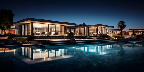 Modern luxurious exterior design of a house with glass windows and a beautiful pool