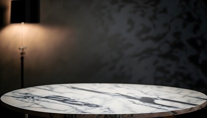 stage in the spotlight, top against a dark backdrop, background blurred, chic and stylish empty table with a polished black marble 