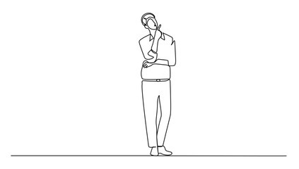 continuos lineart drawing a standing bussinessman thingking about idea for business growth. vector illustration