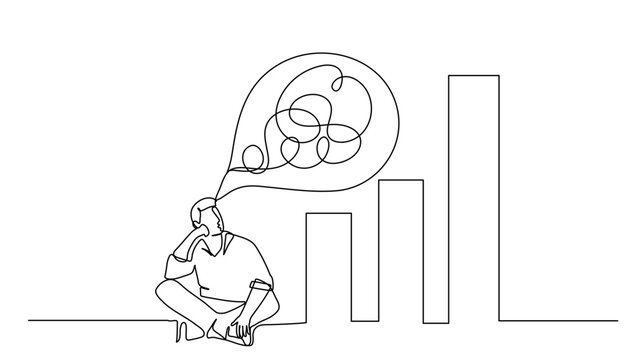 continuous lineart drawing a bussinessman sitting and thingking about idea for business growth currency stock and investment economy. vector illustration