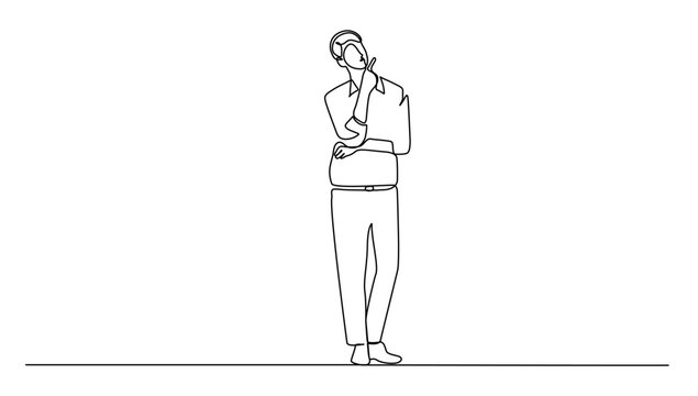 continuos lineart drawing a standing bussinessman thingking about idea for business growth. vector illustration