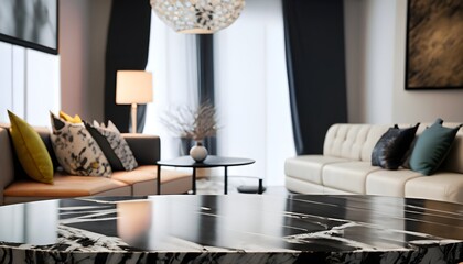 modern living room interior, modern design  pristine black marble table, Blurred Background, sofa, back modern living room, bold, minimalist, modern living interior
