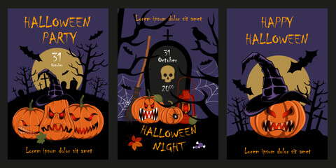 Halloween postcard set. Vector images with pumpkins.