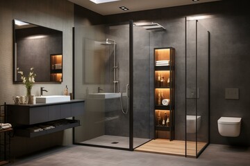Contemporary bathroom with a shower enclosure. Generative AI