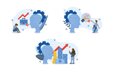 AI Impacts illustration set. characters are looking at AI negative working including rising unemployment rate, no mercy system, high cost. AI negative impacts concept. vector illustration.