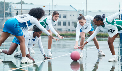Sports, ball and team netball competition, practice and women playing game, court challenge or...