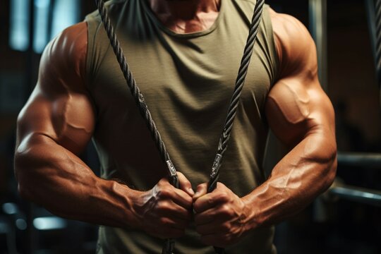 A cropped close up of a bodybuilders muscular arms during cable crossover exercise