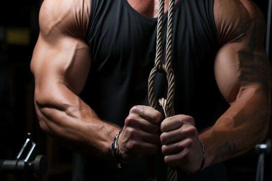 A cropped, intense view of a bodybuilders arms during cable crossover