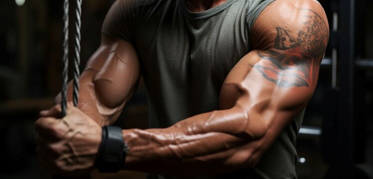 A cropped close up of a bodybuilders muscular arms during cable crossover exercise
