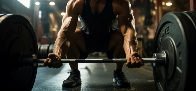 A gym goer, muscles in focus, prepares to lift a barbell from below