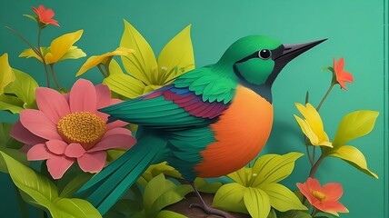 Vividly Abstracted, A 3D Styled Colorful Illustration Image with Birds and Flowers