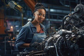 Fototapeta na wymiar Young African American woman works in a car repair shop. It checks the operation of the units and the contacts of the electrical system of the engine.