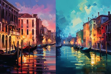 Vibrant Venice and Amsterdam scenes captured in an expressive and impressionistic style. Generative AI