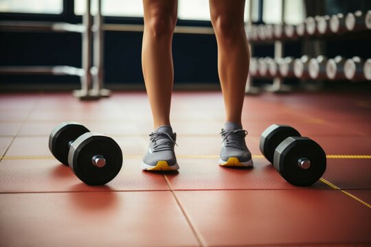 Close up of gym equipment Dumbbells near a female foot on a sleek floor