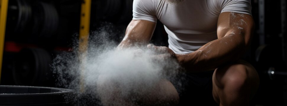 CrossFit enthusiast, exuding confidence, applies talcum powder before intense weightlifting session