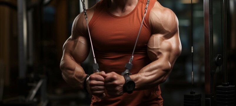 Muscular arms in close up, a bodybuilder excels on the cable crossover machine