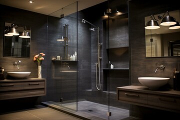 Contemporary bathroom with a shower enclosure. Generative AI