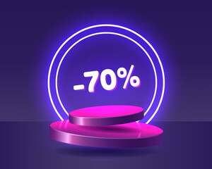 70% discount pink 3d podium floating in the air with neon rings on background. Stage podium with lighting.