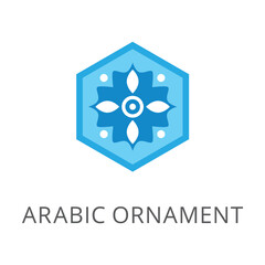 Arabic ornament in blue hexagon flat vector icon. Cartoon drawing or illustration of balance, mindfulness or wellness symbol on white background. Wellness, decoration, spirituality, meditation concept